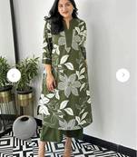 Women's green digital print cotton kurta set