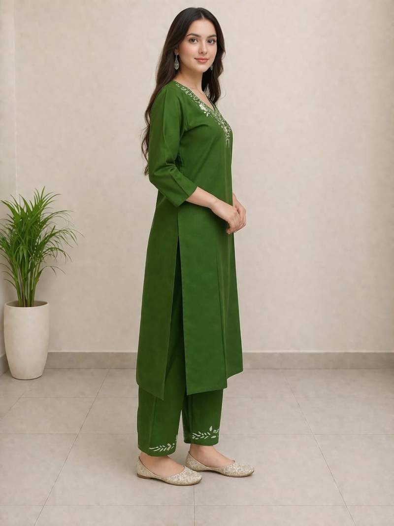Women's green digital print cotton kurta set