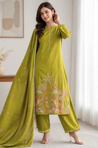 Women's olive green embroidered rayon kurta set