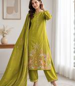 Women's olive green embroidered rayon kurta set