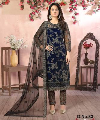 glamorous navy blue heavy cording and sequin net salwar suit 1