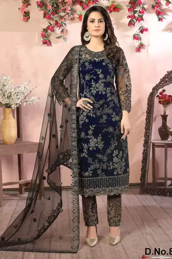 glamorous navy blue heavy cording and sequin net salwar suit