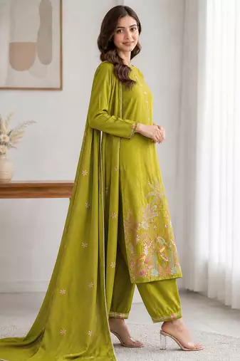 Women's olive green embroidered rayon kurta set