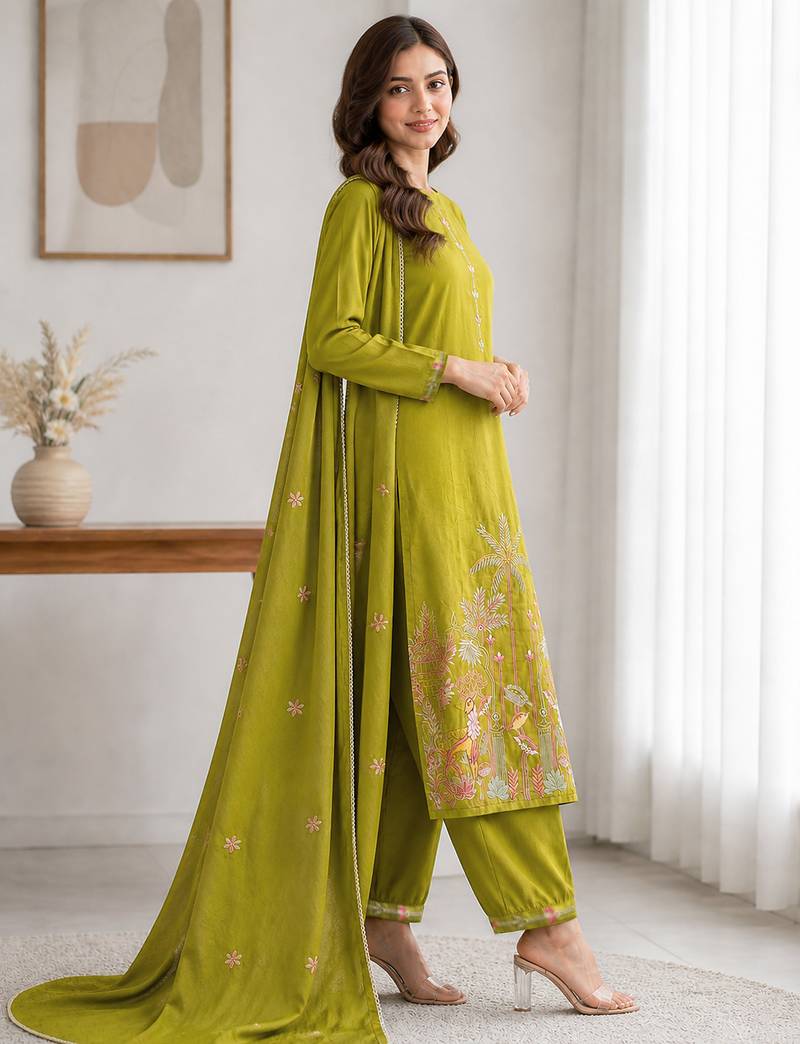 Women's olive green embroidered rayon kurta set