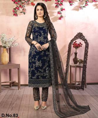 glamorous navy blue heavy cording and sequin net salwar suit 2