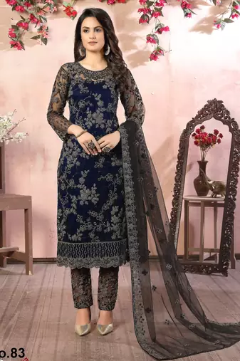 glamorous navy blue heavy cording and sequin net salwar suit