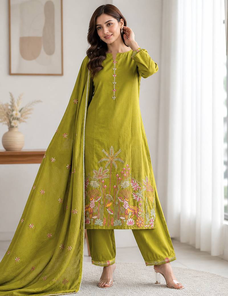 Women's olive green embroidered rayon kurta set