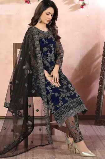 glamorous navy blue heavy cording and sequin net salwar suit