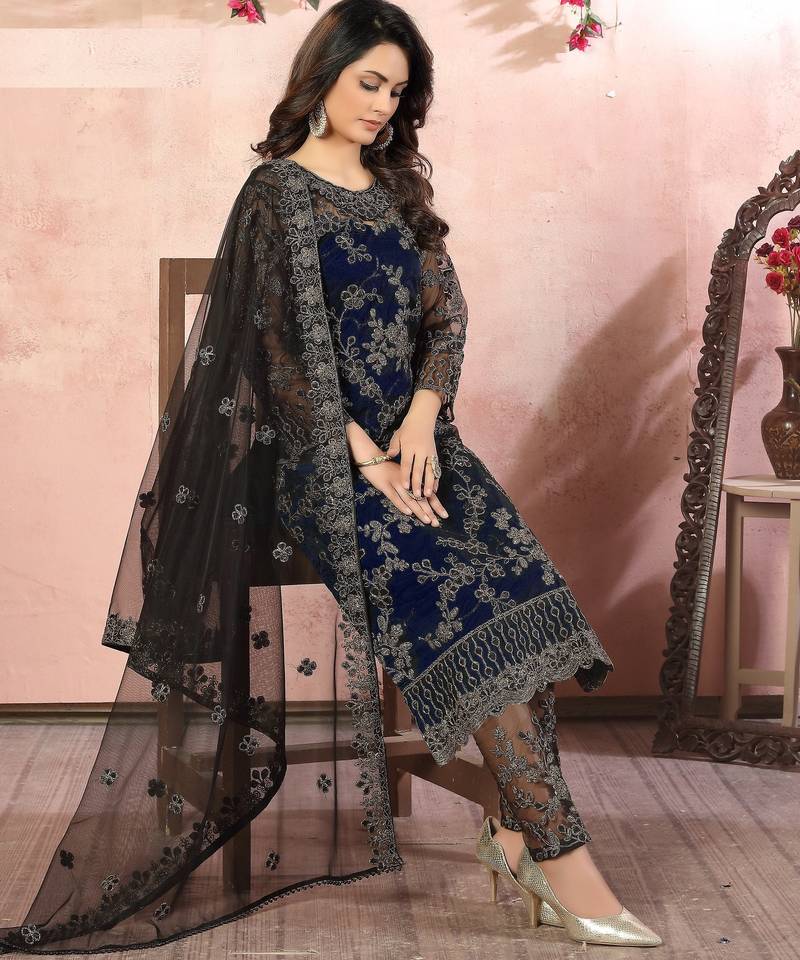 glamorous navy blue heavy cording and sequin net salwar suit
