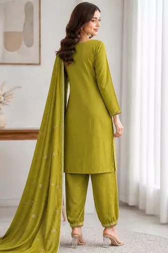 Women's olive green embroidered rayon kurta set
