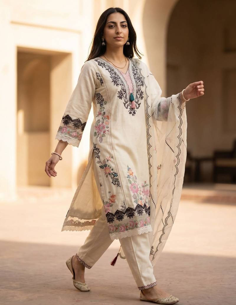 Women's white embroidery work cotton kurta set 