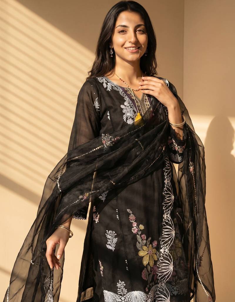 Women's black embroidery work cotton kurta set 