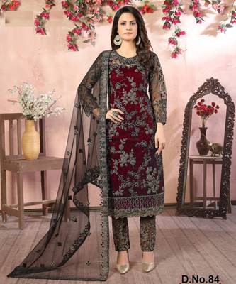 glamorous maroon heavy cording and sequin net salwar suit 1