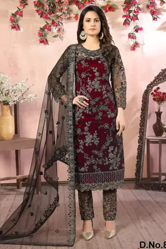 glamorous maroon heavy cording and sequin net salwar suit