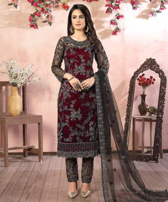 glamorous maroon heavy cording and sequin net salwar suit 2