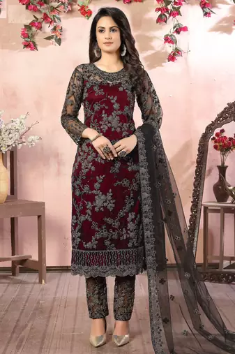 glamorous maroon heavy cording and sequin net salwar suit