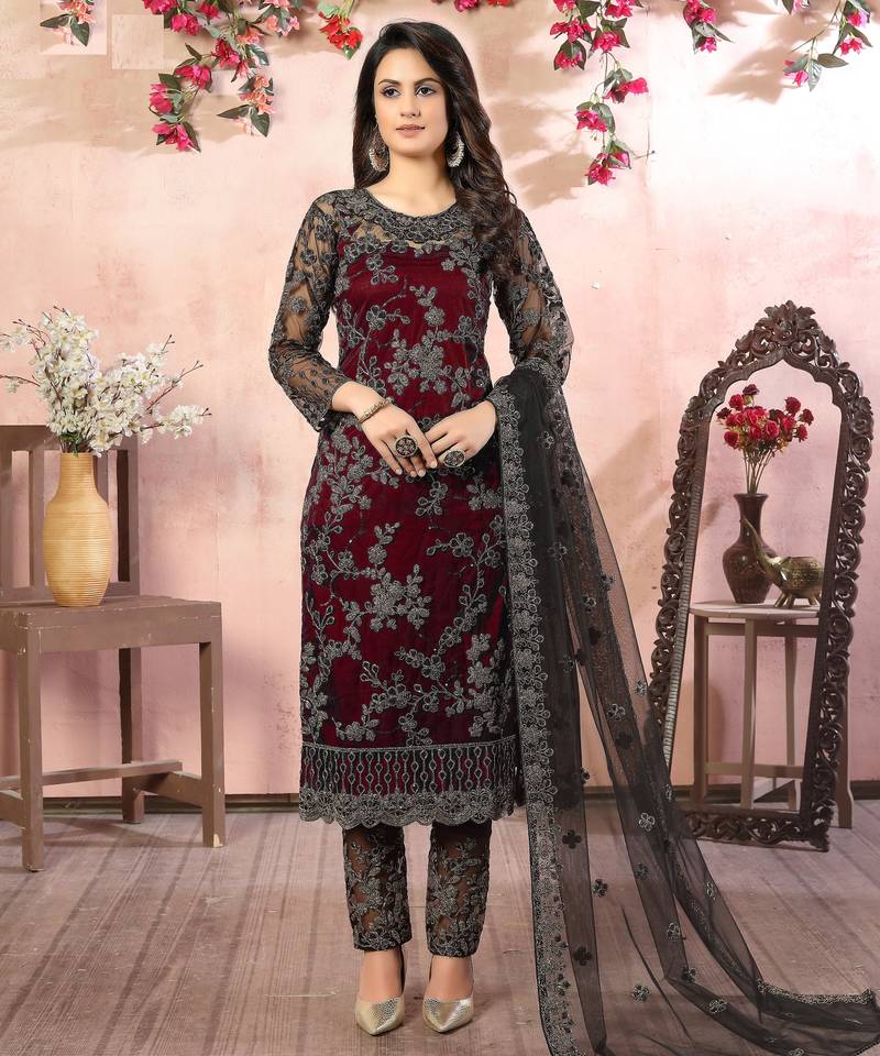 glamorous maroon heavy cording and sequin net salwar suit