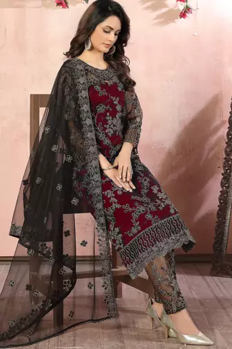 glamorous maroon heavy cording and sequin net salwar suit