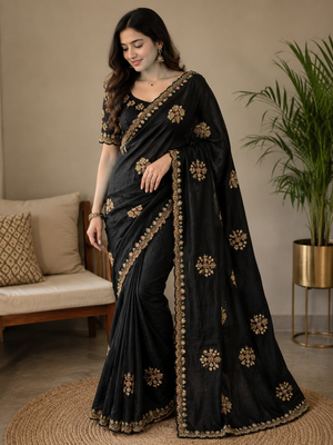 Black Color Original beeds work with floral design Silk Blend Saree 1
