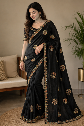 Black Color Original beeds work with floral design Silk Blend Saree
