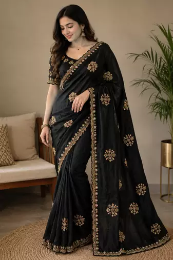 Black Color Original beeds work with floral design Silk Blend Saree