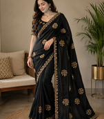 Black Color Original beeds work with floral design Silk Blend Saree