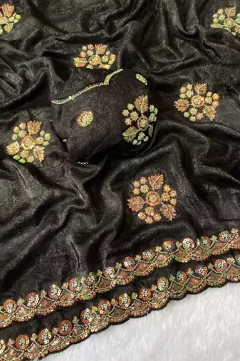 Black Color Original beeds work with floral design Silk Blend Saree