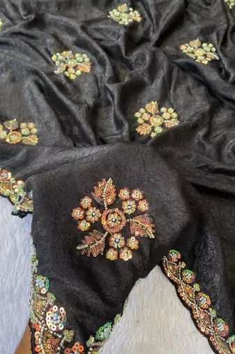 Black Color Original beeds work with floral design Silk Blend Saree