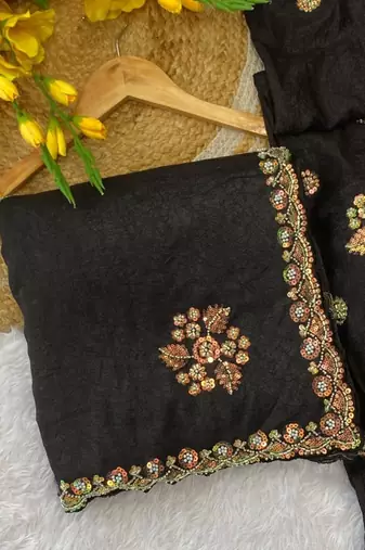 Black Color Original beeds work with floral design Silk Blend Saree