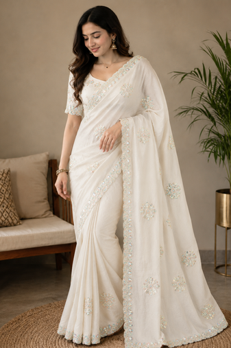 White Color Original beeds work with floral design Silk Blend Saree