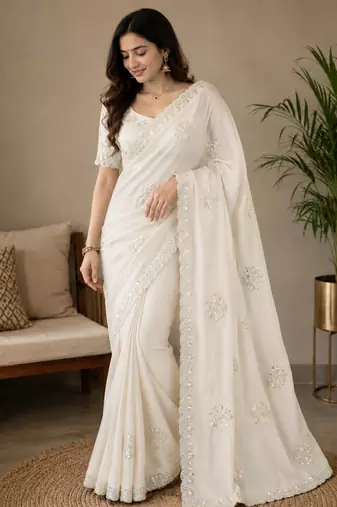 White Color Original beeds work with floral design Silk Blend Saree