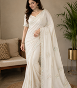 White Color Original beeds work with floral design Silk Blend Saree