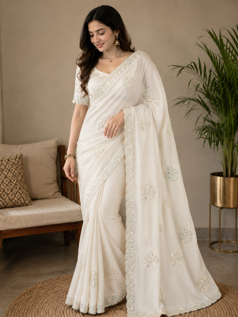 White Color Original beeds work with floral design Silk Blend Saree