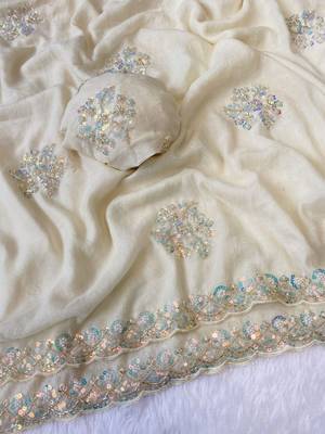 White Color Original beeds work with floral design Silk Blend Saree 2