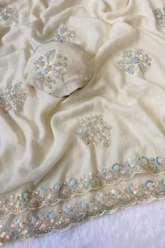 White Color Original beeds work with floral design Silk Blend Saree