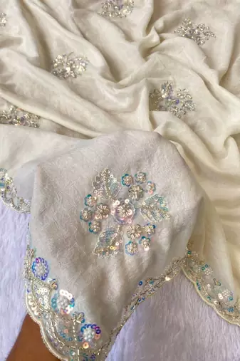 White Color Original beeds work with floral design Silk Blend Saree