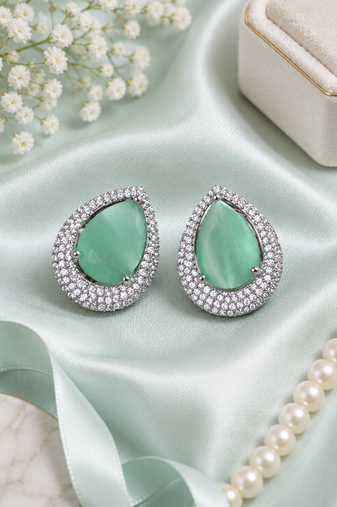 Rhodium finish serenity green halo earrings