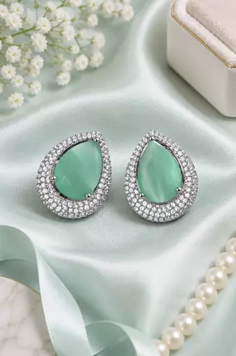 Rhodium finish serenity green halo earrings