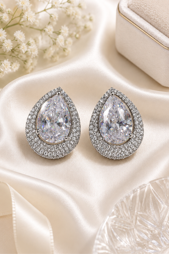 Rhodium finish crystal elegance halo earrings