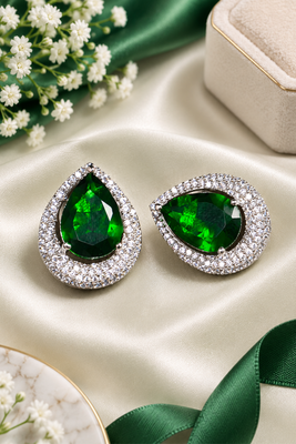 Rhodium finish emerald aura crystal earrings 1