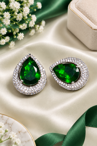 Rhodium finish emerald aura crystal earrings