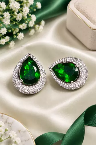 Rhodium finish emerald aura crystal earrings