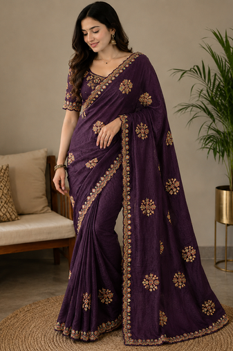 Wine Color Original beeds work with floral design Silk Blend Saree