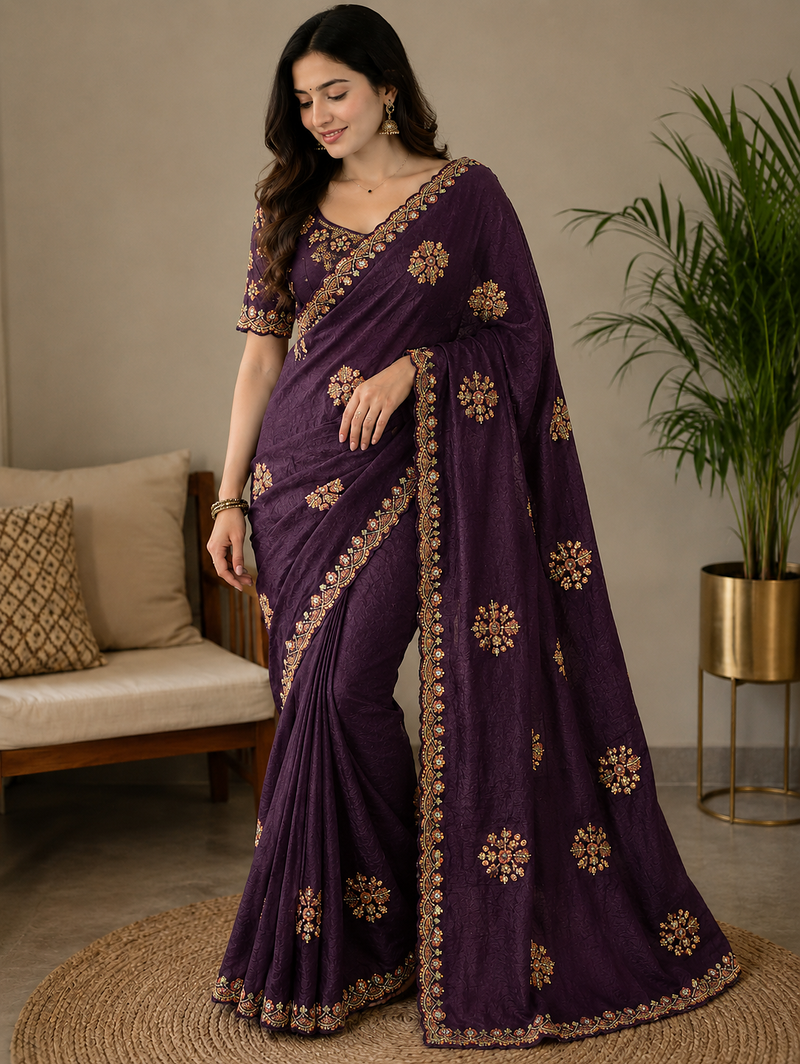 Wine Color Original beeds work with floral design Silk Blend Saree