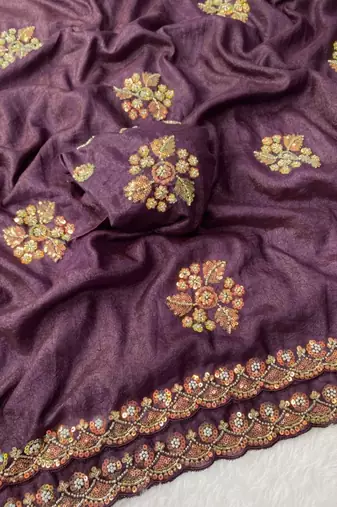 Wine Color Original beeds work with floral design Silk Blend Saree