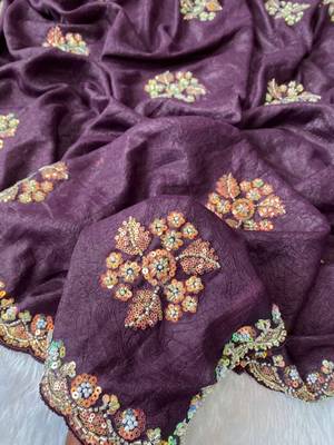 Wine Color Original beeds work with floral design Silk Blend Saree 3