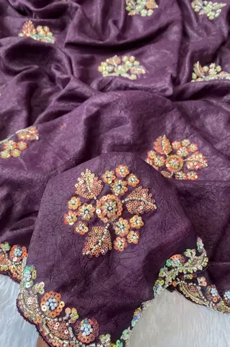 Wine Color Original beeds work with floral design Silk Blend Saree