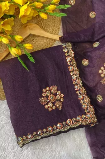 Wine Color Original beeds work with floral design Silk Blend Saree