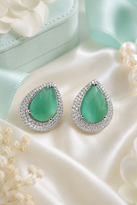 Rhodium finish serenity green halo earrings 2