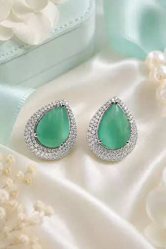 Rhodium finish serenity green halo earrings